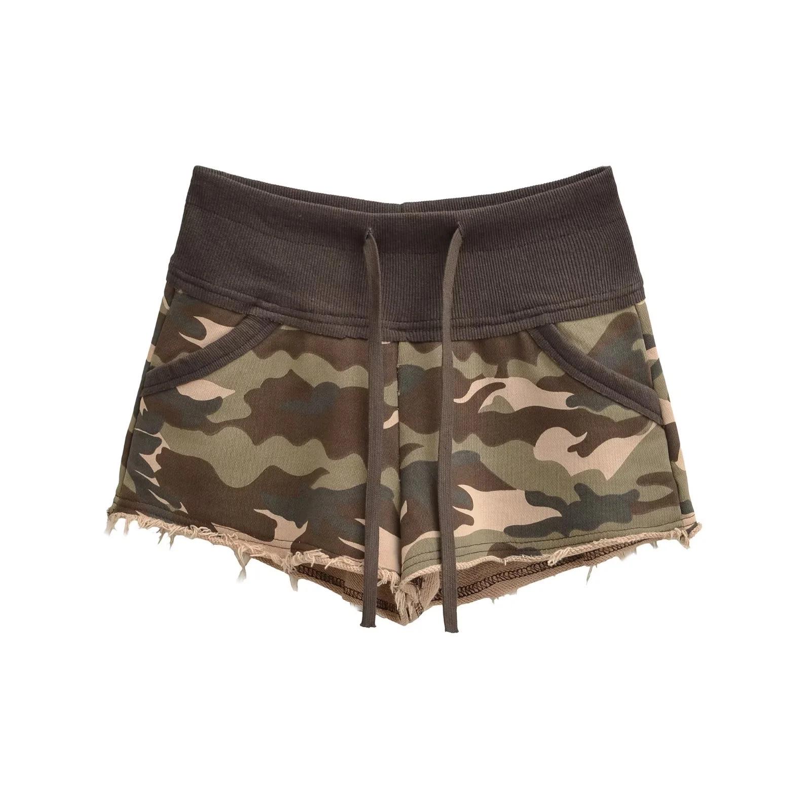 

American Spicy Camouflage Slim Fit Drawstring Shorts - Women s Summer Sexy Hip-Hugging Raw Hem Design Medium камуфляжный