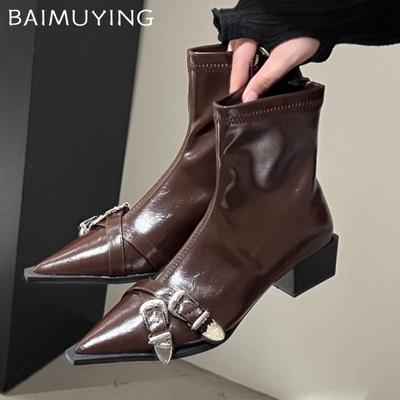 Botines de Tobillo Gruesos de Cuero para Mujer Punta Afilada Sexy Diseñador Tacones Medios Zapatos de Invierno Tendencia 2025 Moda Zapatos de Salón Gótico Botas De Mujer