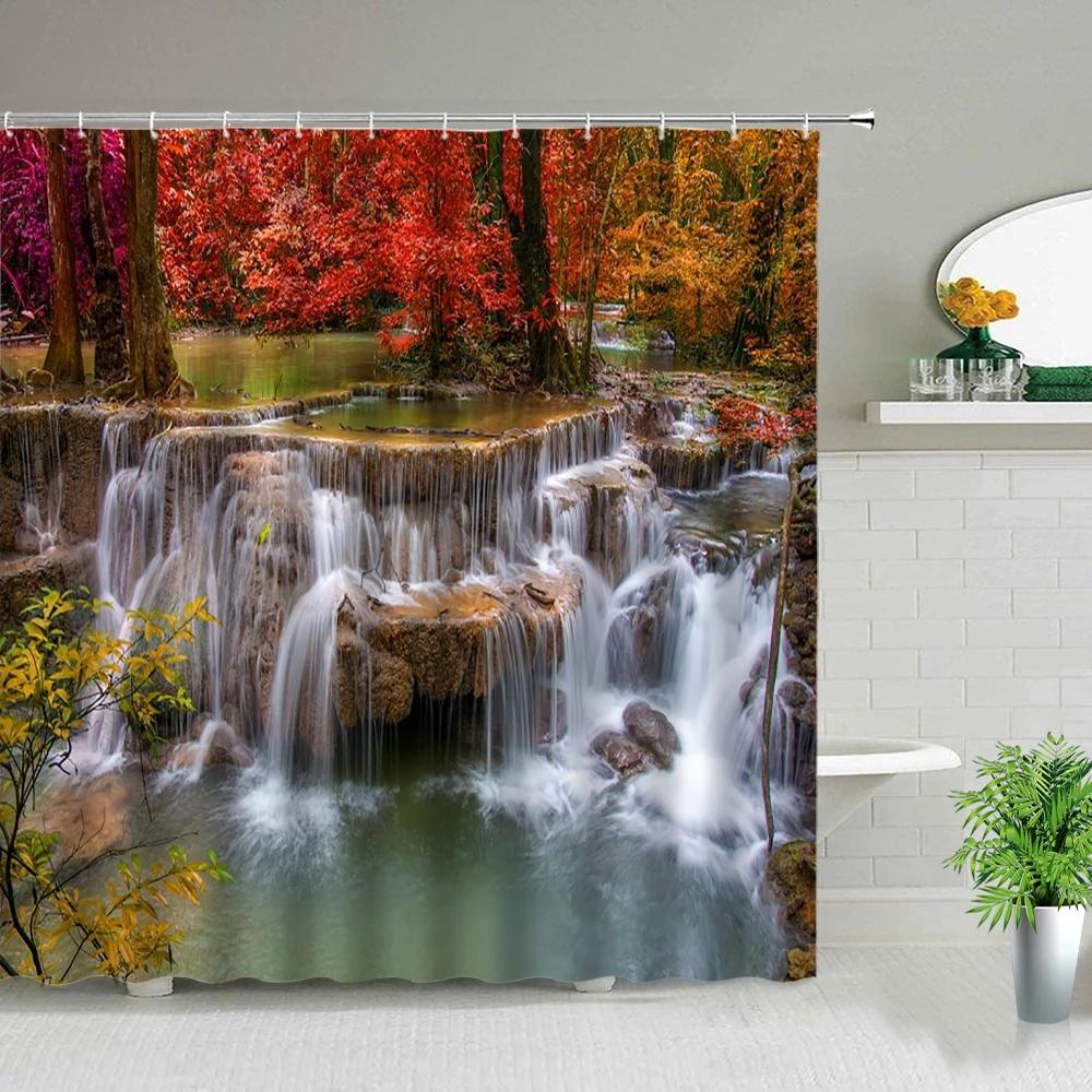 Natural Scenery Shower Curtain Set Waterfall Spring Landscape Home Bathtub Decor Waterproof Polyester Cloth Bathroom Curtains