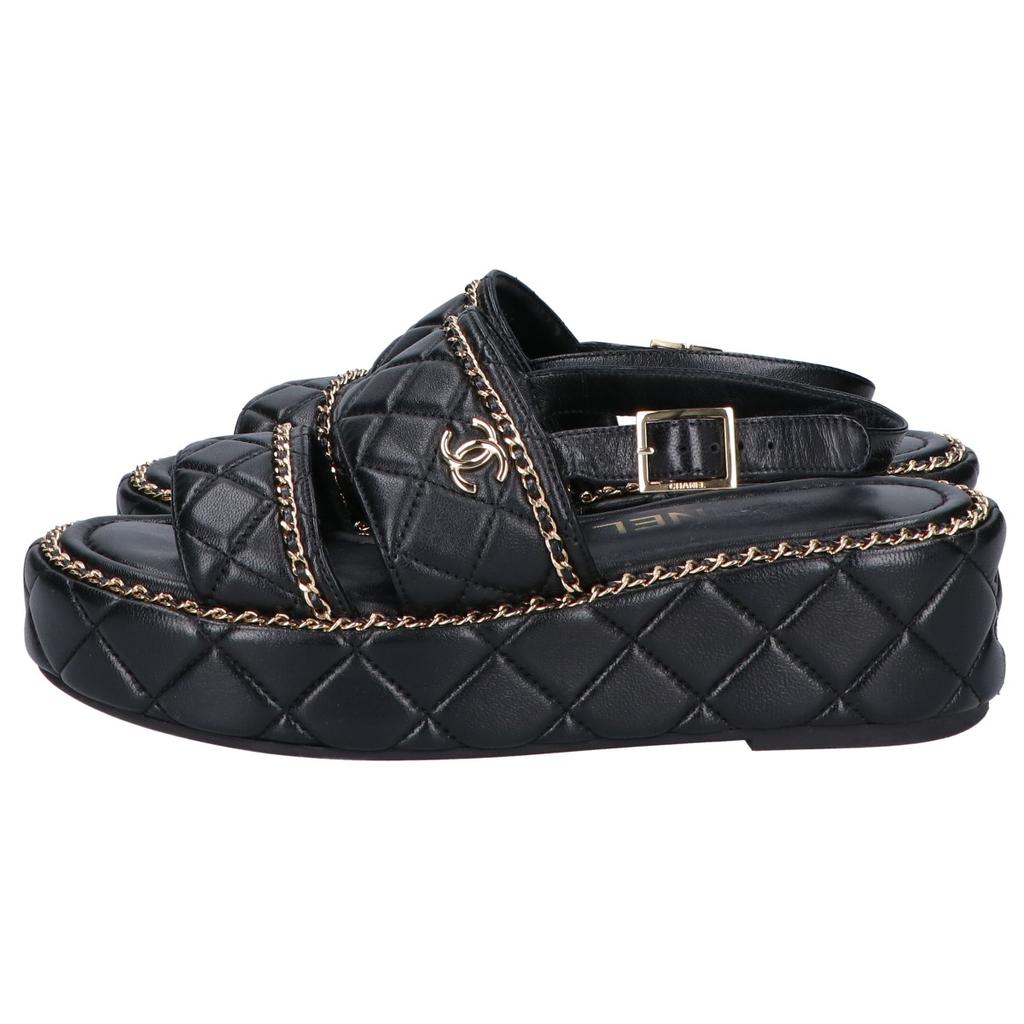 Chanel G46613 CC Logos Matelassé/Kette Plateau Sandalen Schuhe 37 1/2C Schwarz / goldGebraucht