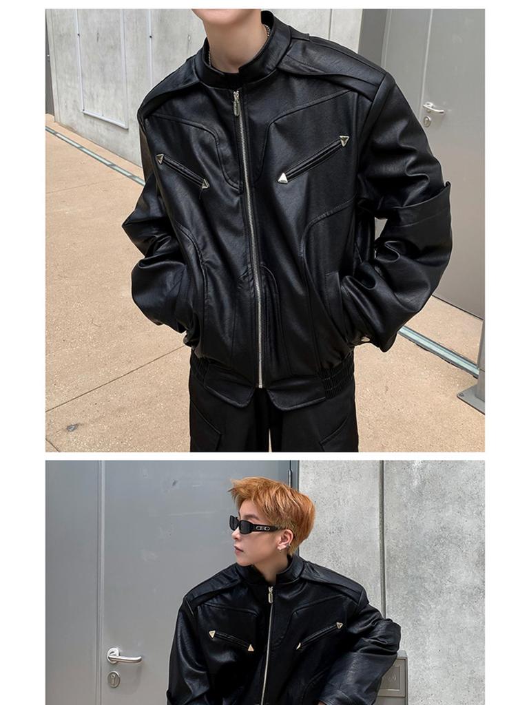 Men's High-End Short Leather Motorcycle Jacket - Trendy Spring/Autumn Street Style with Stand-up Collar