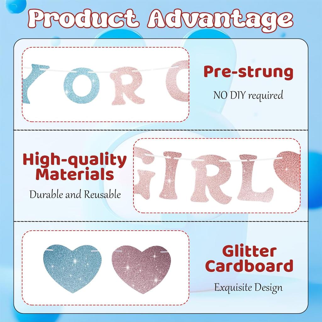 Boy or Girl Banner Gender Reveal Decorations, Pre-Strung Gold Glitter Baby Gender Reveal Decorations, No Diy He or She Party Decor for Girl Boy