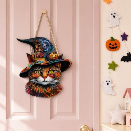 Halloween Wall Decor Wooden Hanging Door Sign, Cute Painted Cat Welcome Ornament with Witch Hat Haunted Sign House Pumpkin, Rustic for Front