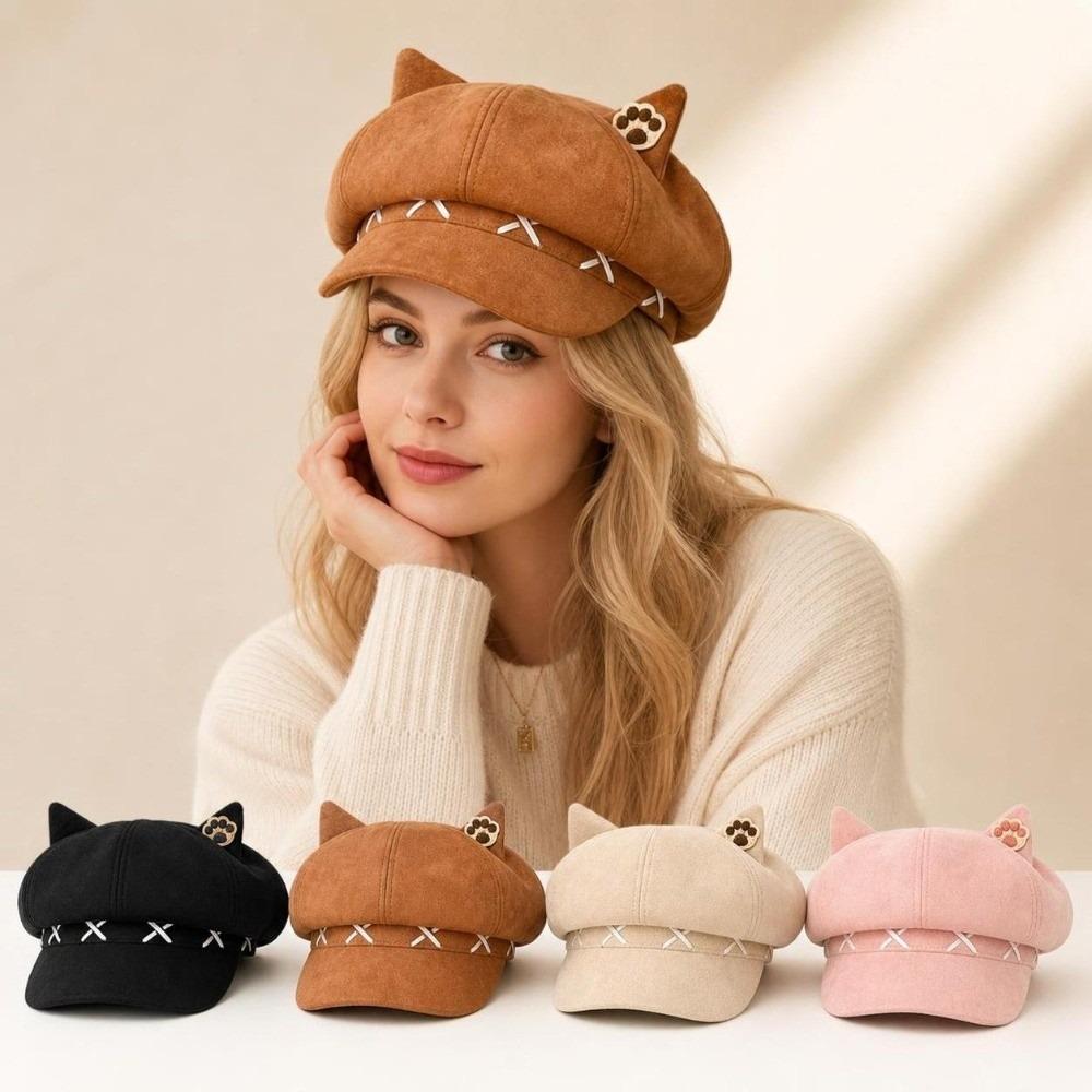 Schleife Wintermütze Katzenohren Achteckige Mütze Mode Maler Barettmütze Damen
