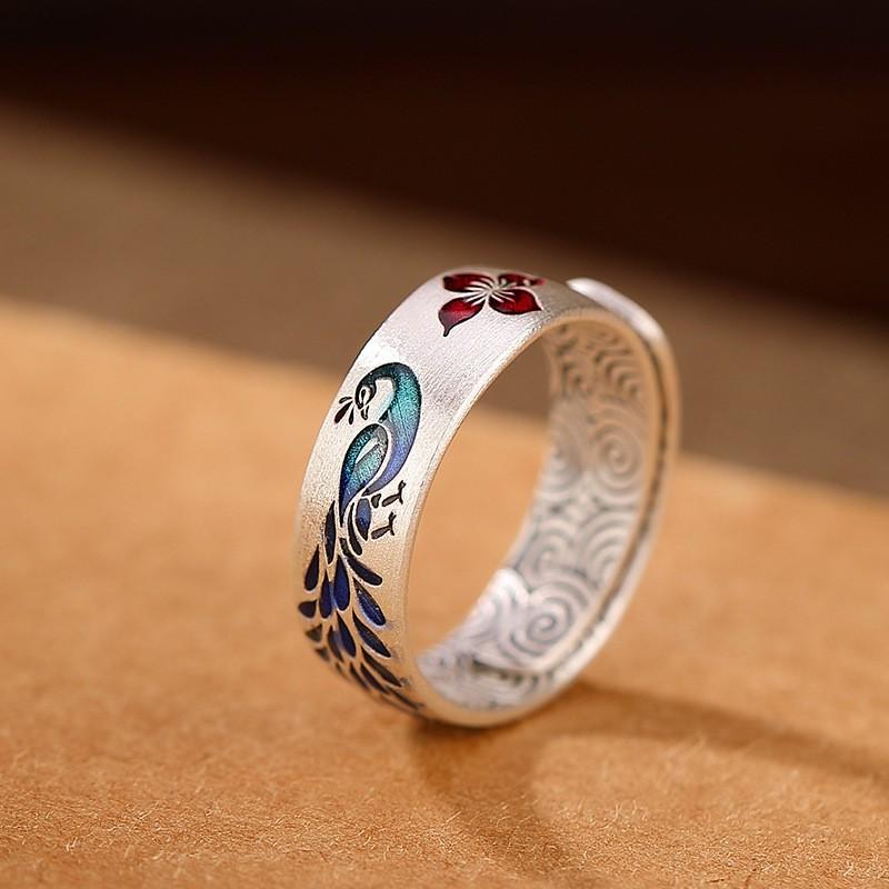 Adjustable Open Ring With Peacock Lotus Cloud Motif Vintage Style Copper Jewelry Men Women