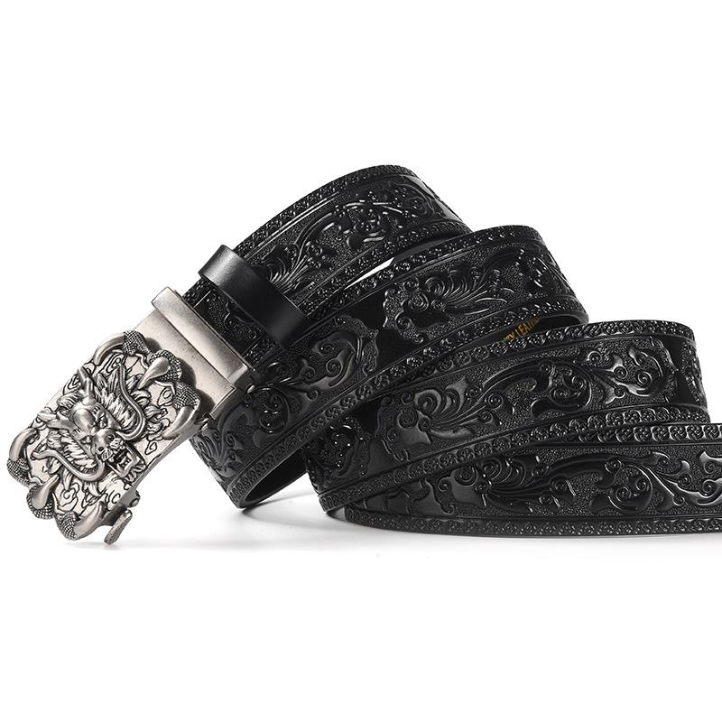 Men's Retro Dragon Head Genuine Leather Belt with Carved Embossed Design