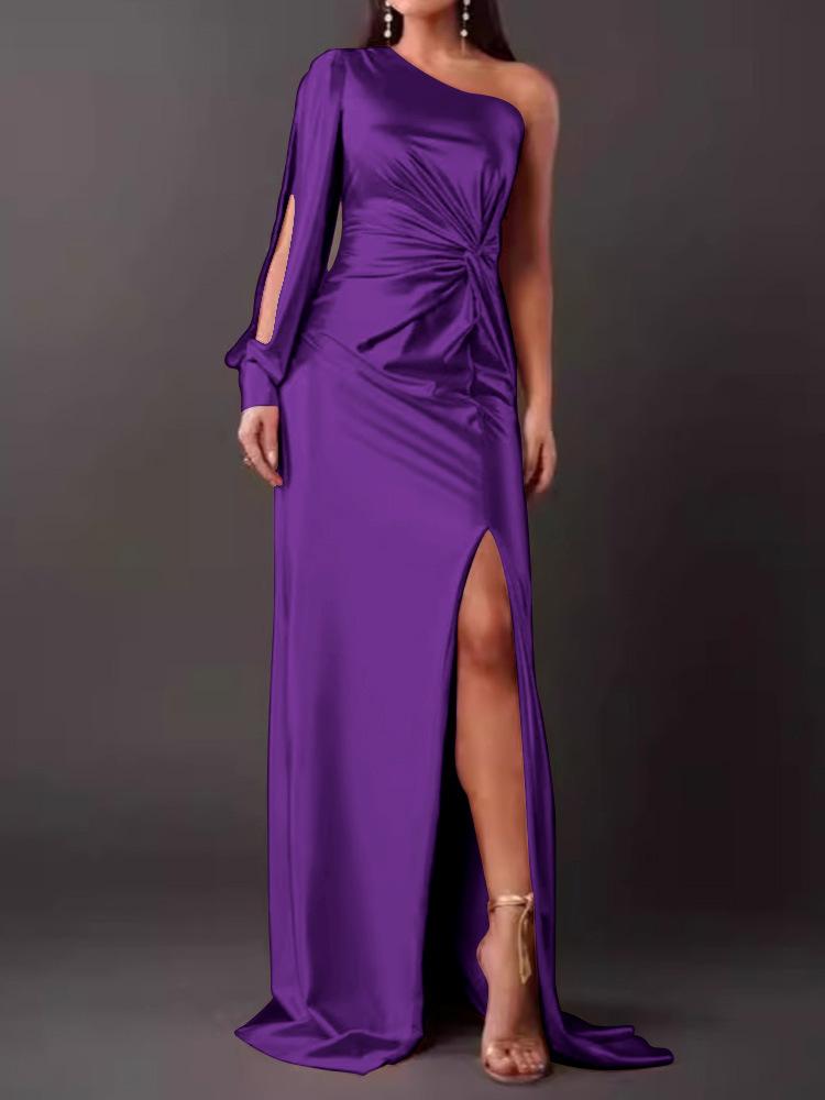 One Shoulder Bell Sleeve Twisted Knot Front Slit Maxi Dress Navy Blue