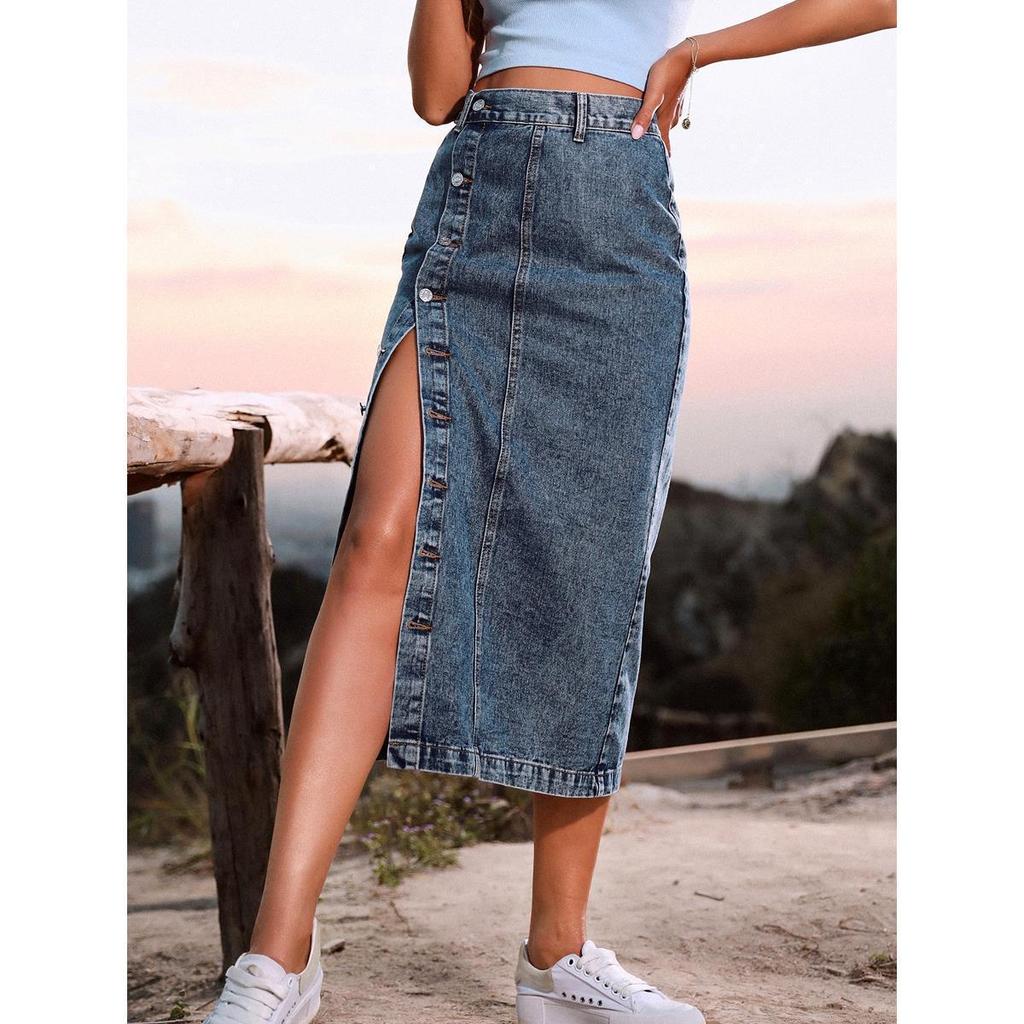 Women's European and American Casual High Waist Irregular Slit Denim Midi Skirt