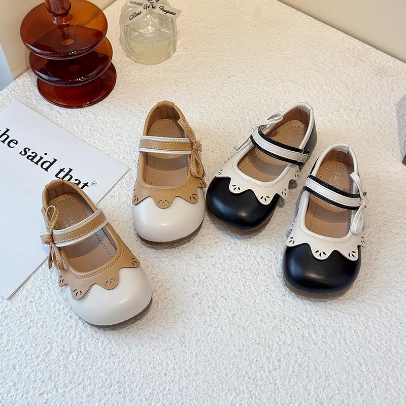 Kids Leather Shoes Round Toes Non-slip Girls Flat Shoes Soft Sole Ins Trendy 2025 New Children Flat Shoes Side Bows Sweet Cute