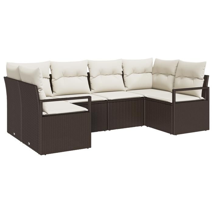 Ensemble de canapé de jardin 6 pièces avec coussins marron en rattan poly, Canapé de jardin 2 places avec rangement 3355187
