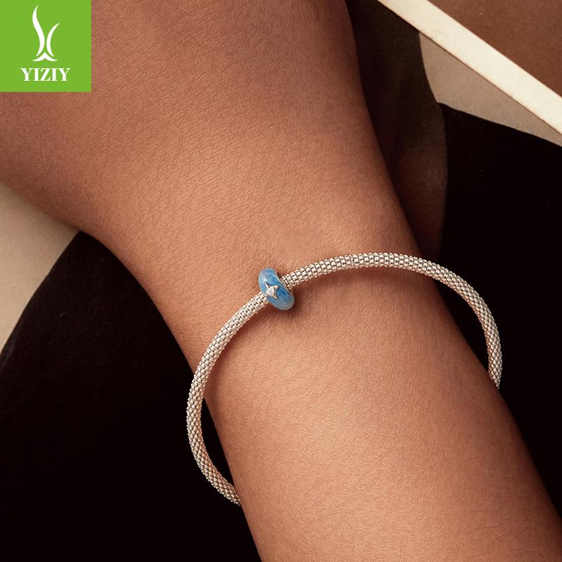 New 925 Sterling Silver Blue Dripping Oil Dream Galaxy Silicone Bead Diy Bracelet Beaded Accessories