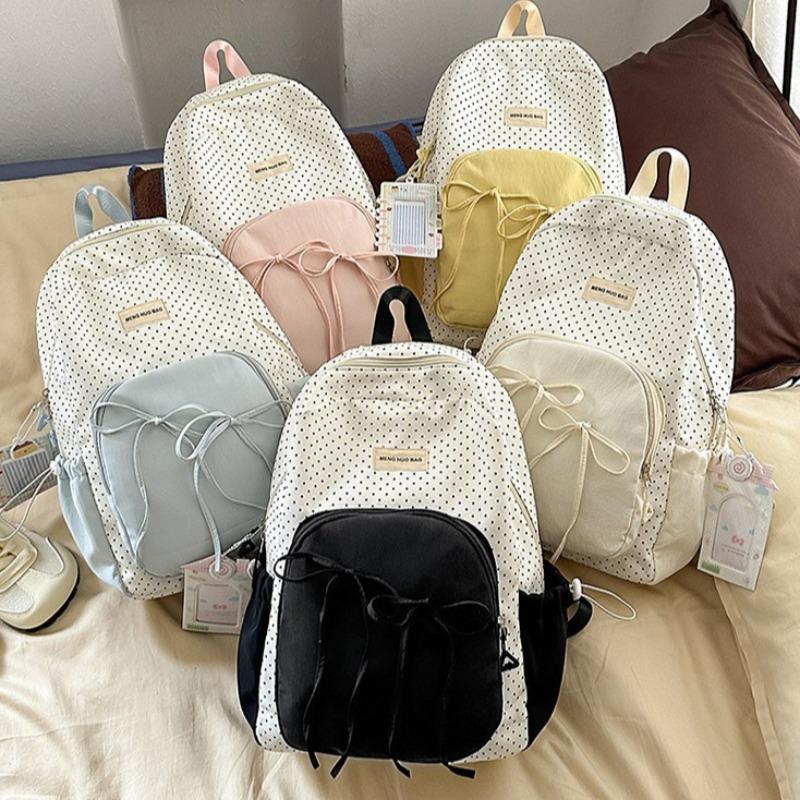Schoolbag Women's Black Contrast Polka Dot Mochilas Mujer Bow Mochila Preppy Style Student Bag Korean Cute Bolsas Backpack Ins Zip Bags For Woman