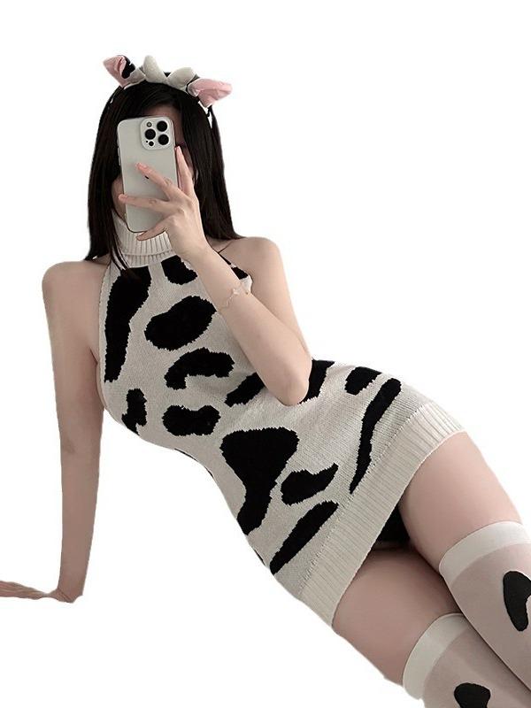Sexy Underwear Cow Sweater Buttocks Mature Charm Elegant New Backless Suspender High-Neck Sweater Knitted Suit Sexy Dress X57Y