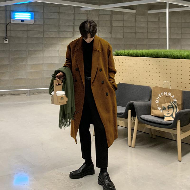 

Мужское осенне-зимнее шерстяное длинное пальто в корейском стиле: Плотные, средней длины, выше колена, не двусторонние. L