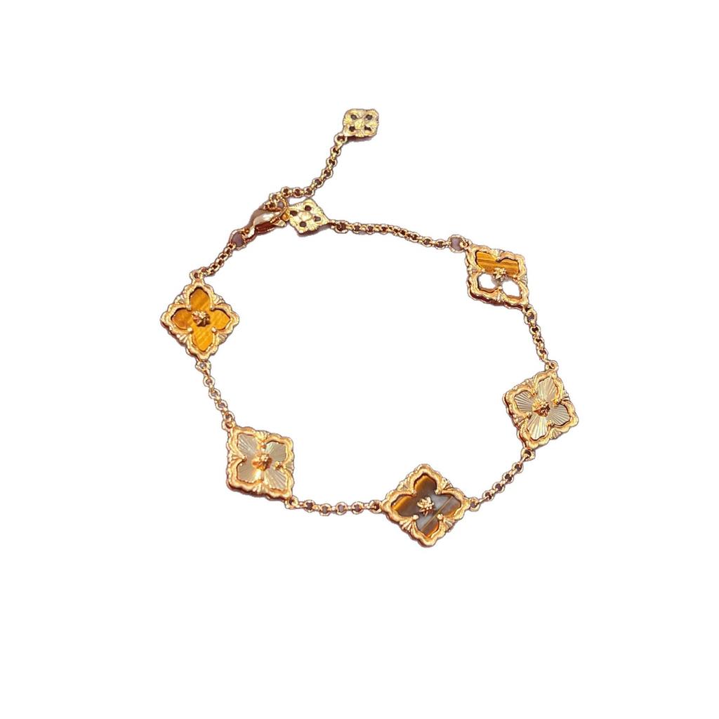 Französische Retro-Fenstergitter, Kleeblatt, Tigerauge-Stein-Set, Herbst- und Winter-Halskette, Armband, Ohrstecker, Antik und Vielseitig