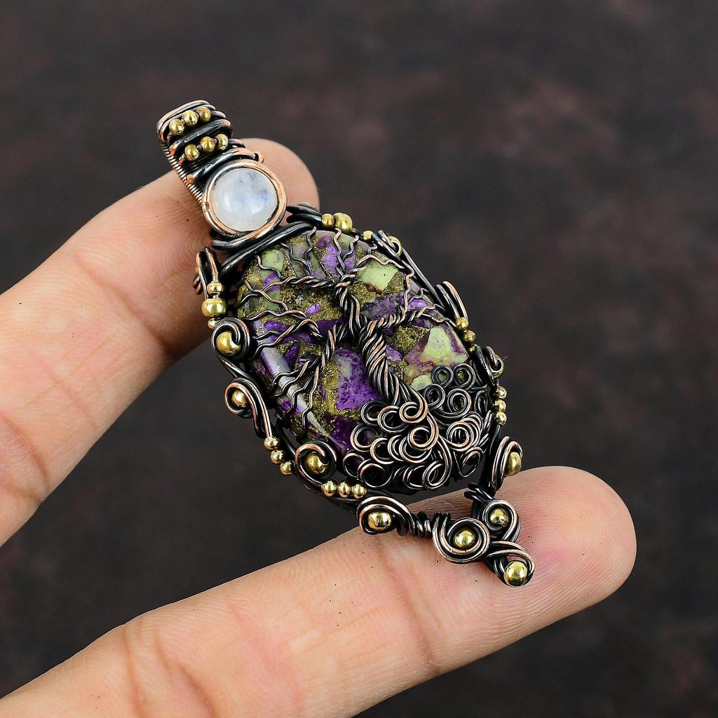 Tree Of Life Copper Purpurite Pendant Copper Wire Wrapped Rainbow Moonstone Pendant Handmade Jewelry Gemstone Pendant Copper Jewelry For Mom