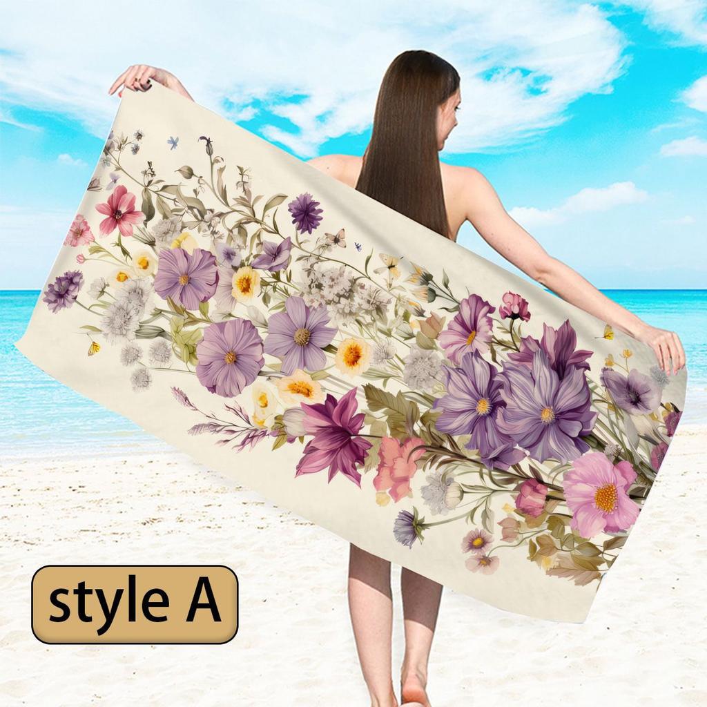Creative Painted Flowers Digital-printed Polyester Superfine Fiber Double-sided Fleece Beach Vacation Bath Towel, Beach Towel