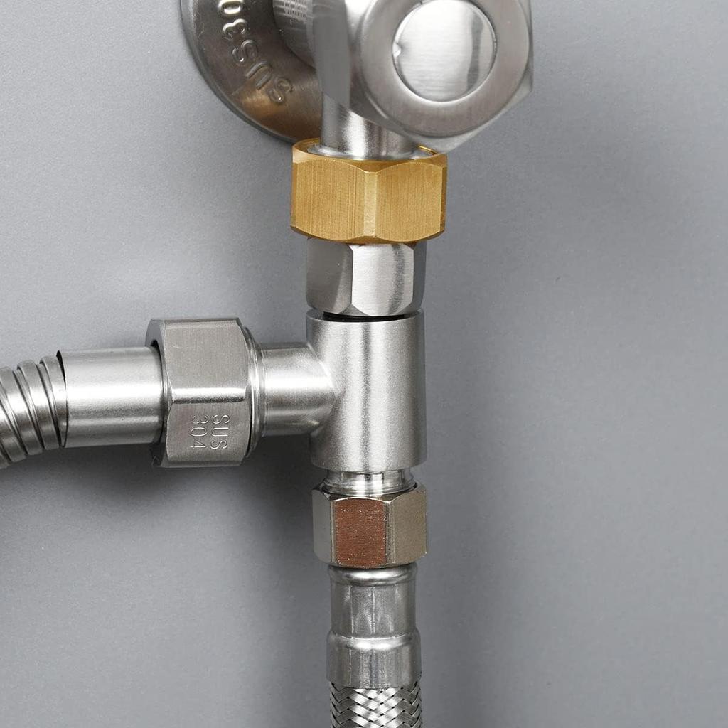 Bidet T Adapter, Biveah Stainless Steel Angle Stop Add-A-Tee Valve 3/8" for Toilet Supply Line Brushed Nickel, KTS002NA