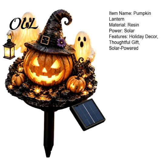 Halloween Porch Lighting Solar Pumpkin Garden Stake Light, Waterproof LED Yard Decoration with Automatic Dusk To Dawn Light Wizard Hat And Ghost,