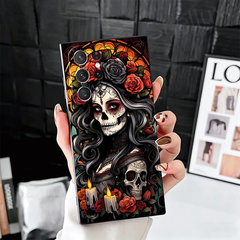 Catrina Beautiful Rose Girl Skull Soft Phone Case for Samsung Galaxy S26 S25 Edge S24 Ultra S23 Plus S22 S21 FE S20 Black Cover