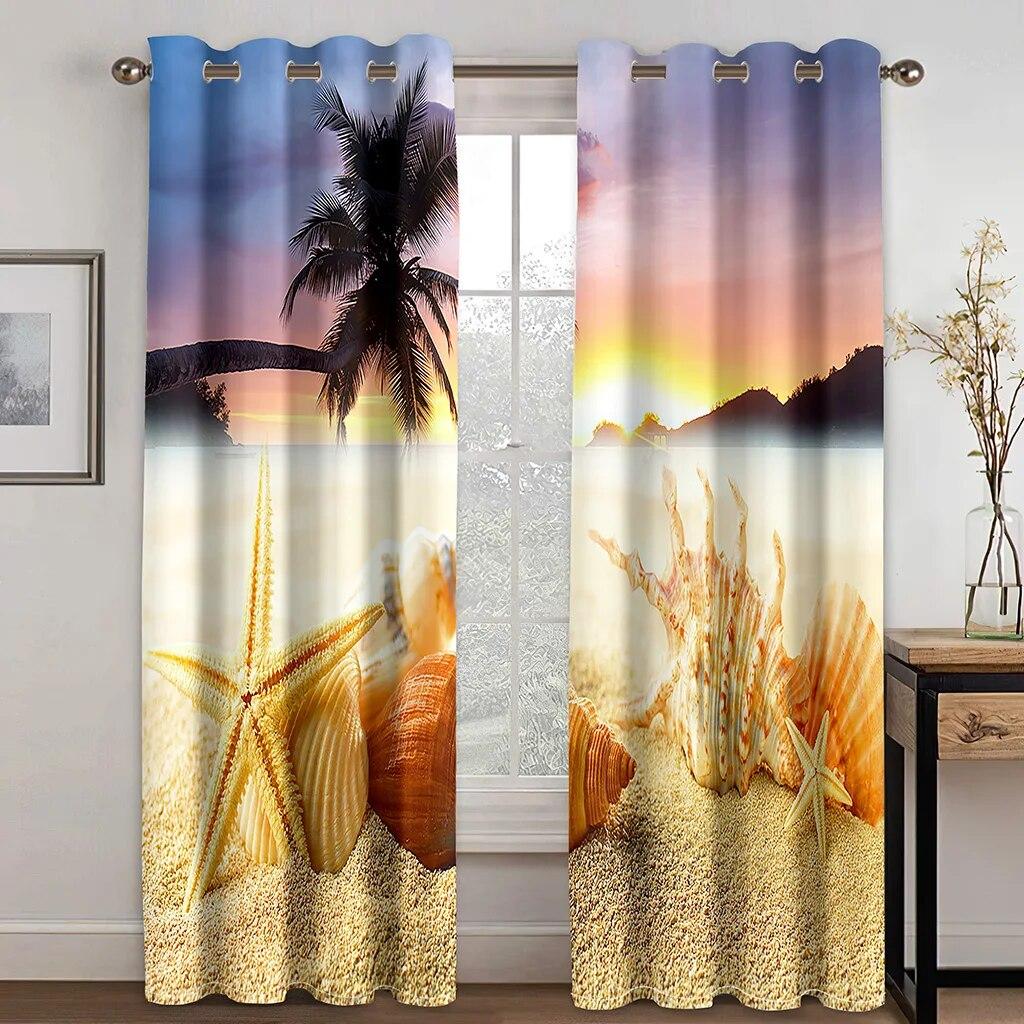 Cheap 3D Printing Sea Semi Sunshade Curtain Thin Polyester Beach Scenery For Bedroom Living Room Home Hook Decor