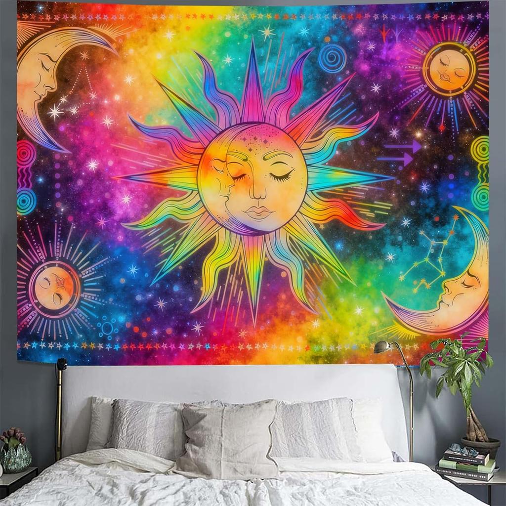 Hippe Boho Sun And Moon Tapestry, Trippy Colorful Tapestries Mystic Aesthetic Burning Sun Moon Wall Hanging Blanket For Bedroom