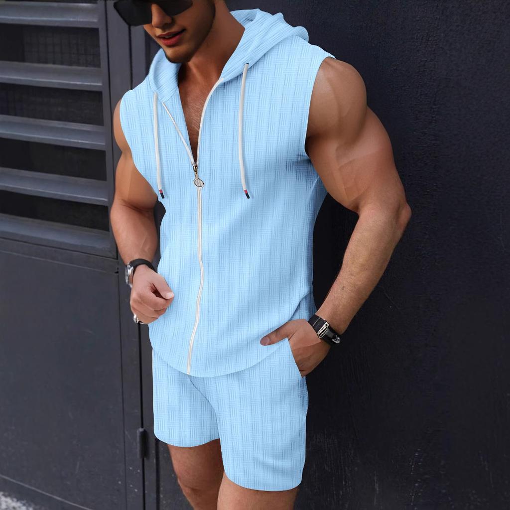 Men's Plaid Zipper Sleeveless Vest Shorts Two-piece Set