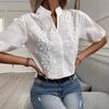 Women Embroidered Lace Stand Collar Short Sleeve Loose Blouse