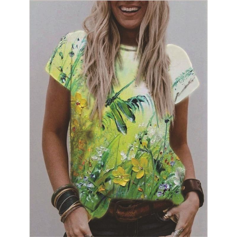 Summer Round Neck 3D Flower Print Top Fashionable Casual Short Sleeved Women's T-shirts