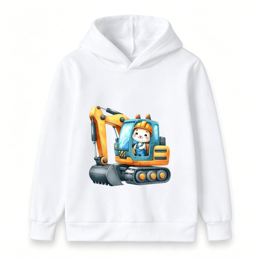 Kids Hoodie Cute Rabbit Excavator Print Casual Pullover Sweatshirt for Boys Girls Soft Warm Top for Construction Vehicle Lovers