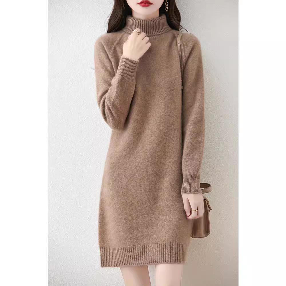 Damen Verdicktes Woll-Rollkragenkleid - Mittellang, Lockere Passform, Überschnittene Schulter, Herbst-/Winter-Stil