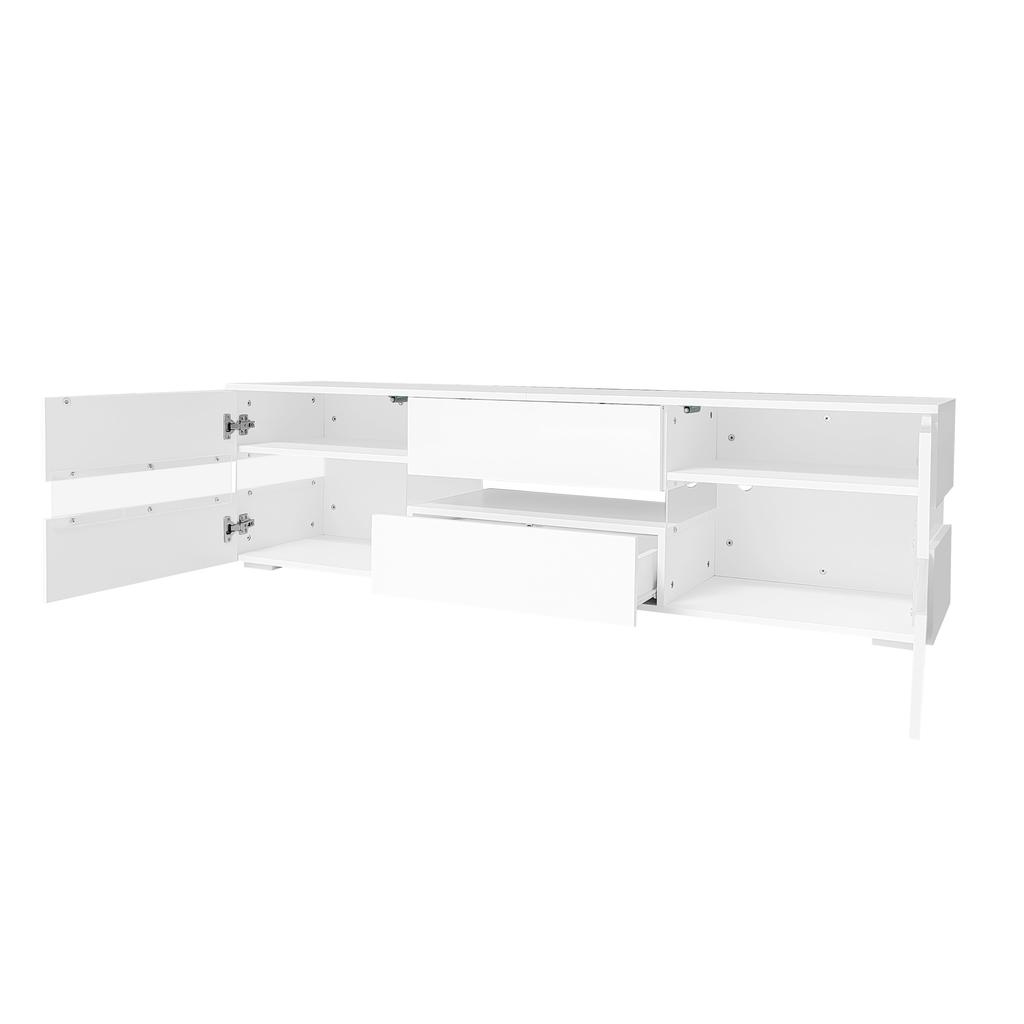 Moderner weißer High-Gloss TV-Schrank, 160x39x45 cm, LED-Beleuchtung, 2 Türen, 1 Schublade, Offenes Fach, 70-Zoll-Fernseher, Acrylglas-Einsatz, Push-to-Open