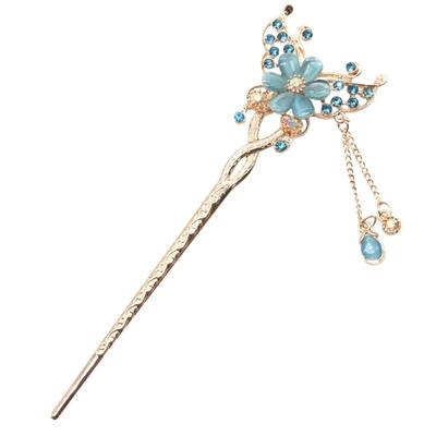 [Miaomyao] Kanzashi (Gancho de cabelo) - Ornamento de Cabelo Único para Roupas Japonesas, Yukata, Kimono, Design de Flor Antiga, Acessório de Cabelo Rosa Dourado (Azul)