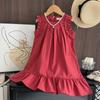 Mädchen Sommer Rot Ärmellos Plissiert Prinzessinnenkleid Elegant Gespleißter Rüschensaum Partykleidung Für Kinder Mode Trendig