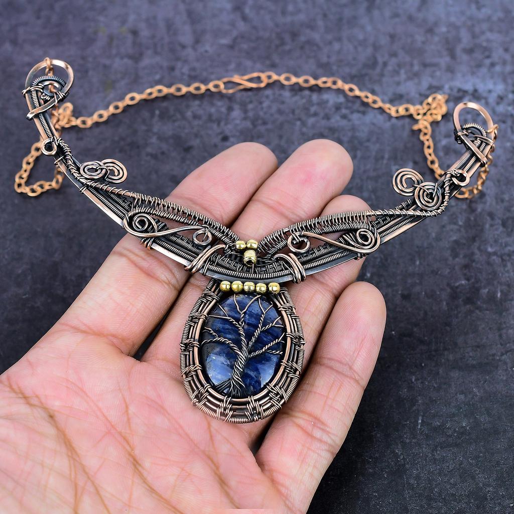 Sodalite Gemstone Handmade Copper Wire Wrap Jewelry Necklace 18" ET-4948