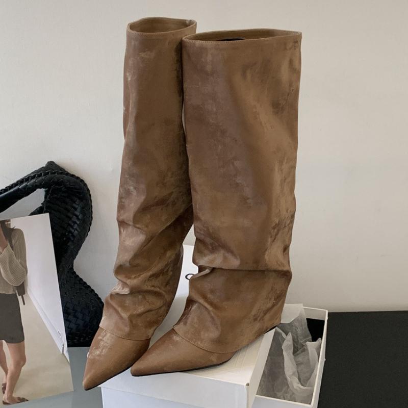 Fashion New Design Pleated Wedges Women Knee-High Boots Autumn Winter Pointed Toe Long Booties Fashion High Heels Ladies Shoes