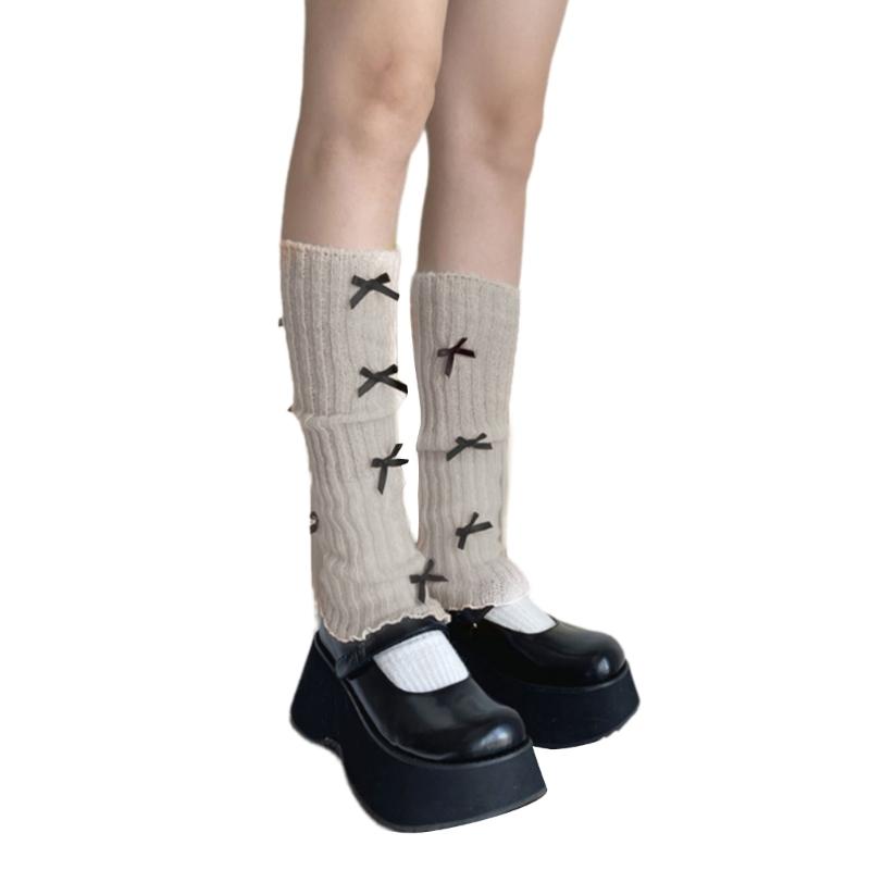 Women Girls Ribbed Knit Solid Color Leg Warmer Aesthetic Elegant Sweet Bowknot Footless Long Socks Ruffled Leg Covers
