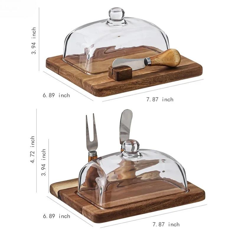 Acacia Wood Glass Cover Butter Box Cheese Plate with Knife Butter Plate Wooden Dessert Plate Cake Pastry Tray Kitchen Utensils