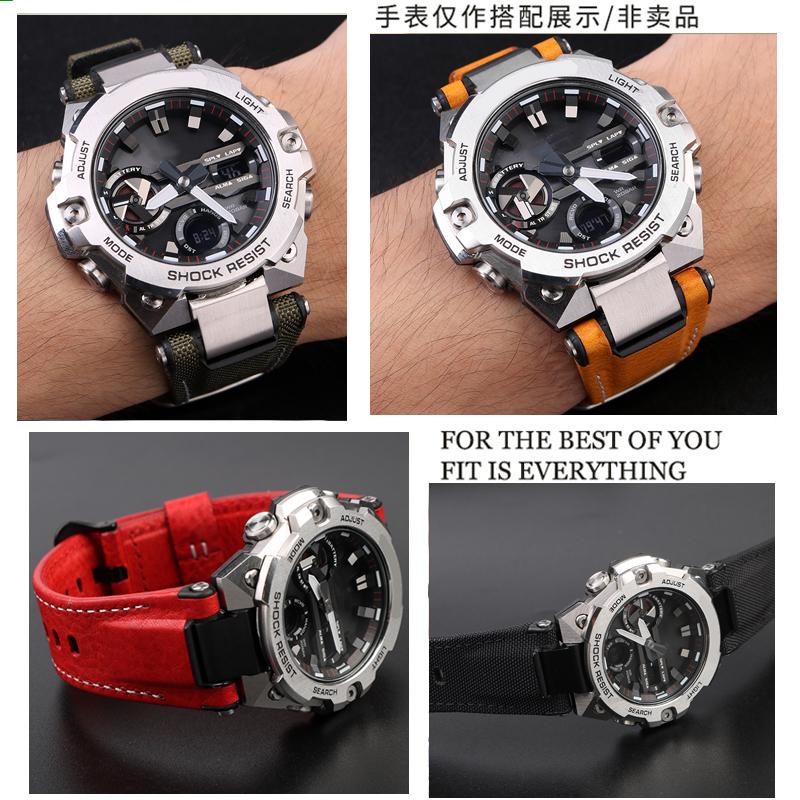 14mm Edelstahladapter Italienisches Echtes Leder Uhrenarmband Für Casio G-Shock GST-B400 Herren Rindsleder Uhrenarmband Nylon Armband