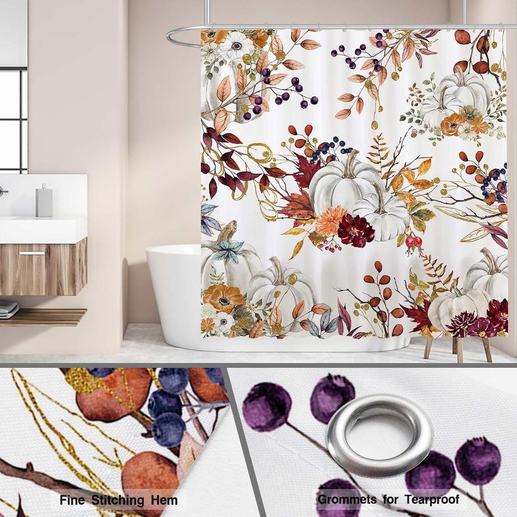 Funnytree 72"x72" Autumn Boho Pumpkins Watercolor Floral Leaves Rustic Fall Thanksgiving Harvest Farmhouse Shower Curtain for Bathroom Decor Machine