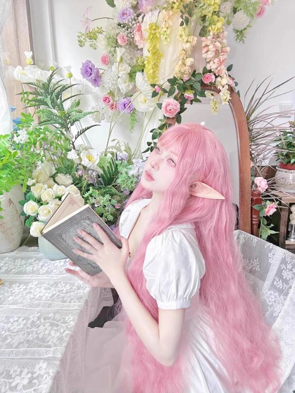 Parrucca Rosa Lolita Super Lunga Riccioli di Lana Capelli Ricci da Principessa Rosa Fiore di Ciliegio alla Moda e Versatile Parrucca sintetica con Fascia