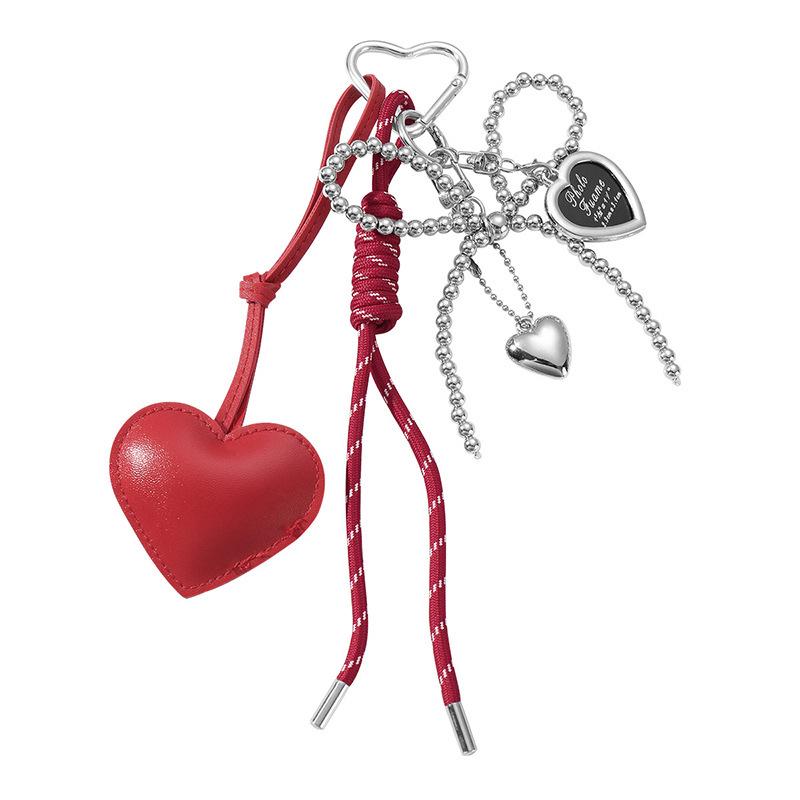 Heart-Shaped Leather Pendant Keychain with Bow and Silver Bead Charm