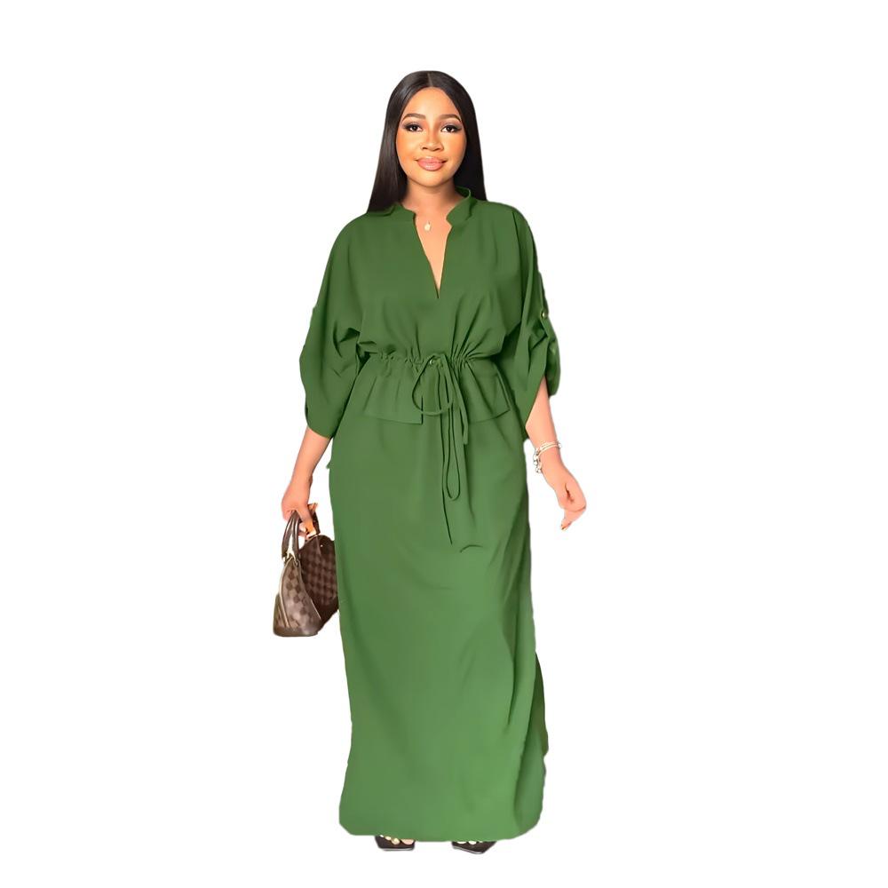 

9860 Cross-Border European/American Loose Waist-Gathering Casual Workwear Side-Slit Summer Dress S зелений