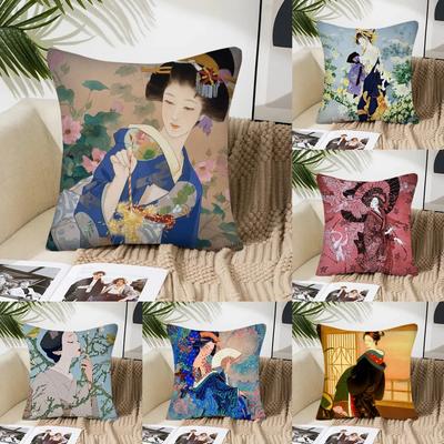 Classic Retro Japanese Lady Geisha Pillow Case Square Pillow Bedroom Sofa Leisure ComfortCar Living Room Home Decoration 40X40