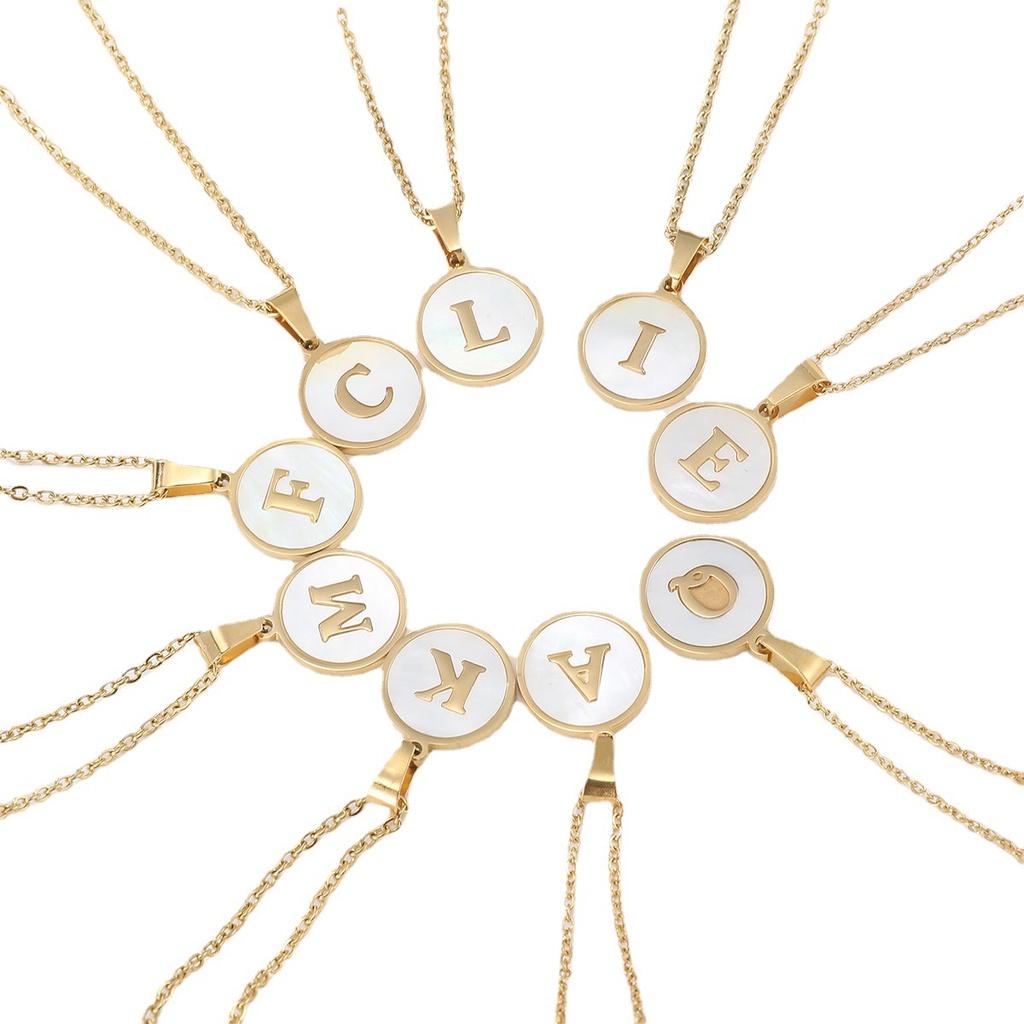 Trendy Stainless Steel Shell Letter Necklace Round Titanium Steel Pendant Necklace With English Alphabet Letters For Women
