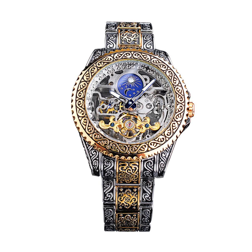 TeamSky Mechanisch Edelstahl Groß Mondphase Geschenk für Männer Herrenuhr, Graviert, Automatisch, Stahl, Multifunktion, Zifferblatt, Funktion, Wasserdicht,