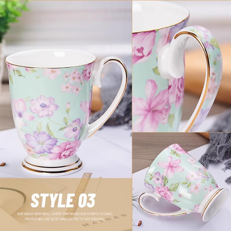 350ML Bone China Ceramic Coffee Mug Cafe Floral Painting Cup Creative Ceramic Milk Tea Cup Vintage Tea Ceremony Drinkware