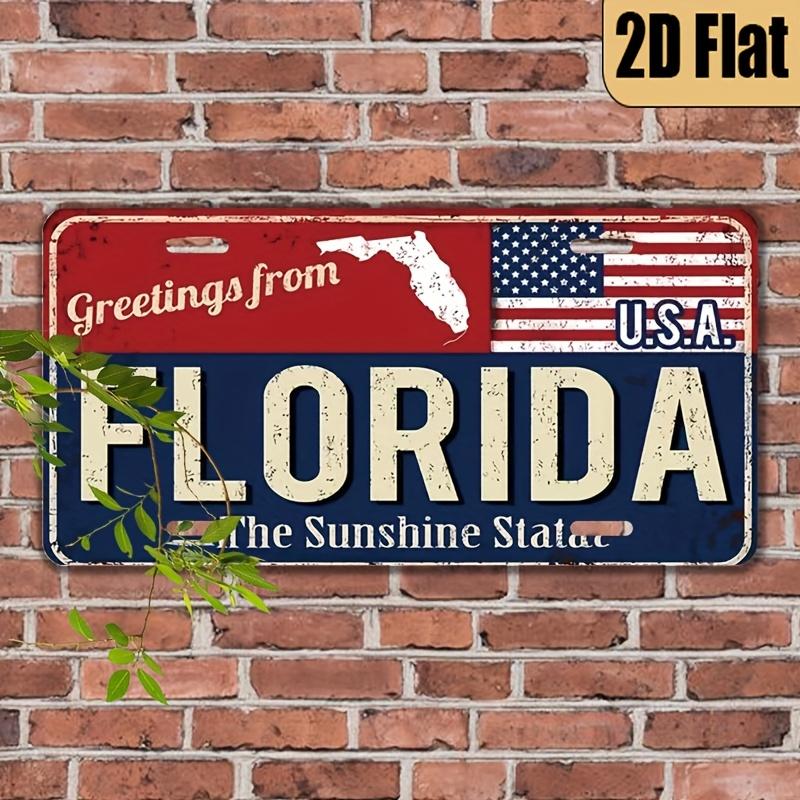 Mfoever Tin Sign HD Tin Sign Vintage Greetings from Florida The Sunshine State License Plate Metal Wall Art Retro USA Flag Decor for Bar Man Ca 15x30cm