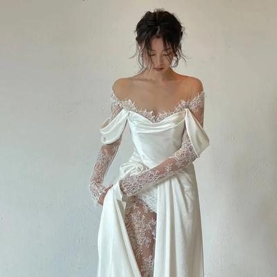 Elegant White O-Neck Lace Long Sleeves Wedding Dresses A-Line Floor Length Sweep Train Side Slit Satin Zipper Bridal Gown