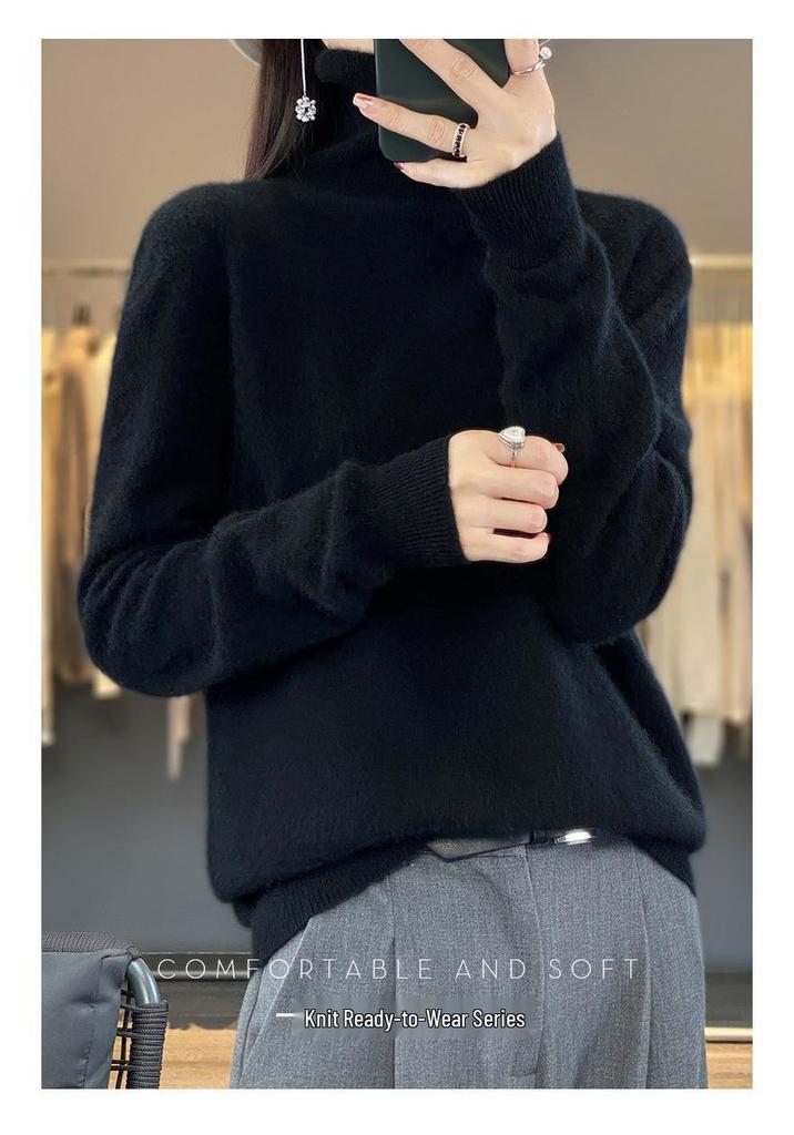 Women's Pure Wool High Neck Loose Pullover Sweater - Solid Color, Slimming, Long Sleeve - Autumn/Winter Collection